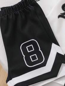 SHEIN Conjunto de chaqueta con capucha tipo deportivo, camiseta estilo jersey de fútbol o baloncesto, y pantalones cortos para bebé niño y niño pequeño de 0 a 3 años, atuendo deportivo para bebé de primavera y verano
