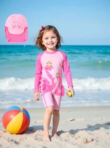Young Girl' Flamingo Print Rash Guard One-Piece With Sunhat - Multicolor - View 4