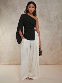 COSMINA Women's Elegant Metal Decor Ruched Asymmetrical Neck Blouse, Suitable For Spring/Summer Vacation Top - Black - View 3