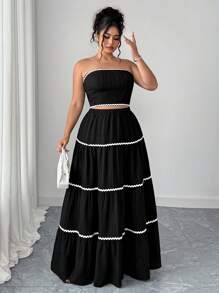 Elenzga 2pcs/Set Plus Size Women Vacation Layered Wave Pattern Crop Top And Skirt - Black - View 5