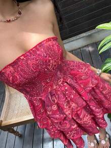 Sunnyshic Women's Summer Casual/Holiday Dark Paisley Print Layered Asymmetrical Ruffle Hem Mini Dress