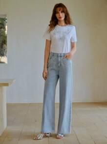 MOTF PREMIUM RHINESTONE DETAIL BAGGY JEANS - Blue - View 5