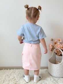 SHEIN Baby Girls Faded Wash Relaxed-Fit Denim Skirt, With Pockets, Simple & Fashionable Design For Daily Wear - Pink - View 2