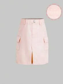 SHEIN Baby Girls Faded Wash Relaxed-Fit Denim Skirt, With Pockets, Simple & Fashionable Design For Daily Wear - Pink - View 4