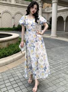 DAZY Robe mi-mollet à col carré et manches courtes avec imprimé floral épars pour femmes, style bohème printemps/été - Multicolore - Voir 4