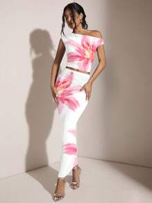 SHEIN BAE Women Oblique Shoulder Asymmetric Ruched Fitted 2-Piece Set, Suitable For Summer/Summer Holiday/Hawaii/Island Resort/Birthday Party Suitable For Going Out