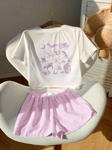 SHEIN EZwear 2pcs/Set Women Summer Casual Pink Print Short Sleeve T-Shirt & Striped Shorts