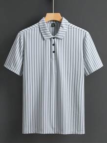 Manfinity Homme Men's Vertical Stripe Simple Short Sleeve Polo Shirt - Baby Blue - View 5