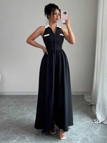 Elenzga Sleeveless Contrast Color Waist Elegant Romantic Women Halter Dress - Black and White - View 6