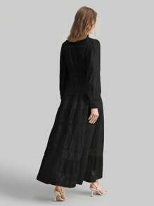 Ontre Abito lungo elegante da donna con scollo a V, maniche lunghe e contrasto di colore in pizzo