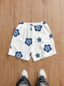 Manfinity Joysei Loose Sized Men's Fashionable Flower Pattern Loose Fleece Shorts, Suitable For Summer Floral Shorts For Men - White - View 2