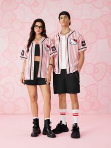 HELLO KITTY AND FRIENDS | SHEIN 1件条纹卡通图案短袖衬衫，夏季 - 紅白色 - 查看 5