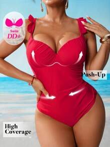 Voyashape 1pc Women's Summer Sexy Wire-Rimmed Gathering Solid Color Ruched Strap Wrinkled Chest Slimming One-Piece Swimsuit Red - Red - View 8