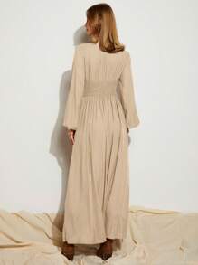 COSMINA Women's Elegant Brown High Slit Long Sleeve Dress, Suitable For Resort Vacation, Spring/Summer,Business Casual Woman Maxi Dress Long Sleeve - Apricot - View 2