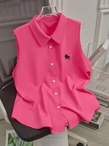 SHEIN LUNE Plus Size Button Front Sleeveless Polo Collar Shirt - Pink - View 1