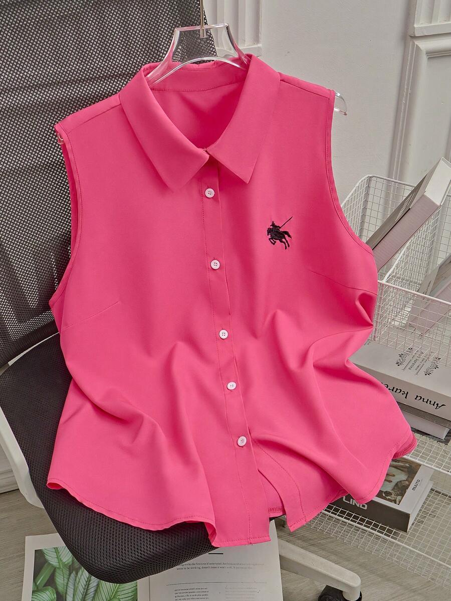 SHEIN LUNE Plus Size Button Front Sleeveless Polo Collar Shirt - Pink - View 1
