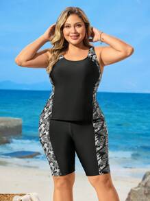 Swim Lushoire Bộ đồ bơi Tankini đi nghỉ họa tiết hoa cỡ lớn dành cho nữ dây dày - Nhiều màu - Xem 4