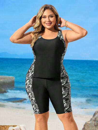 Swim Lushoire 2 件女式加大码花卉印花粗肩带度假分体泳衣套装
