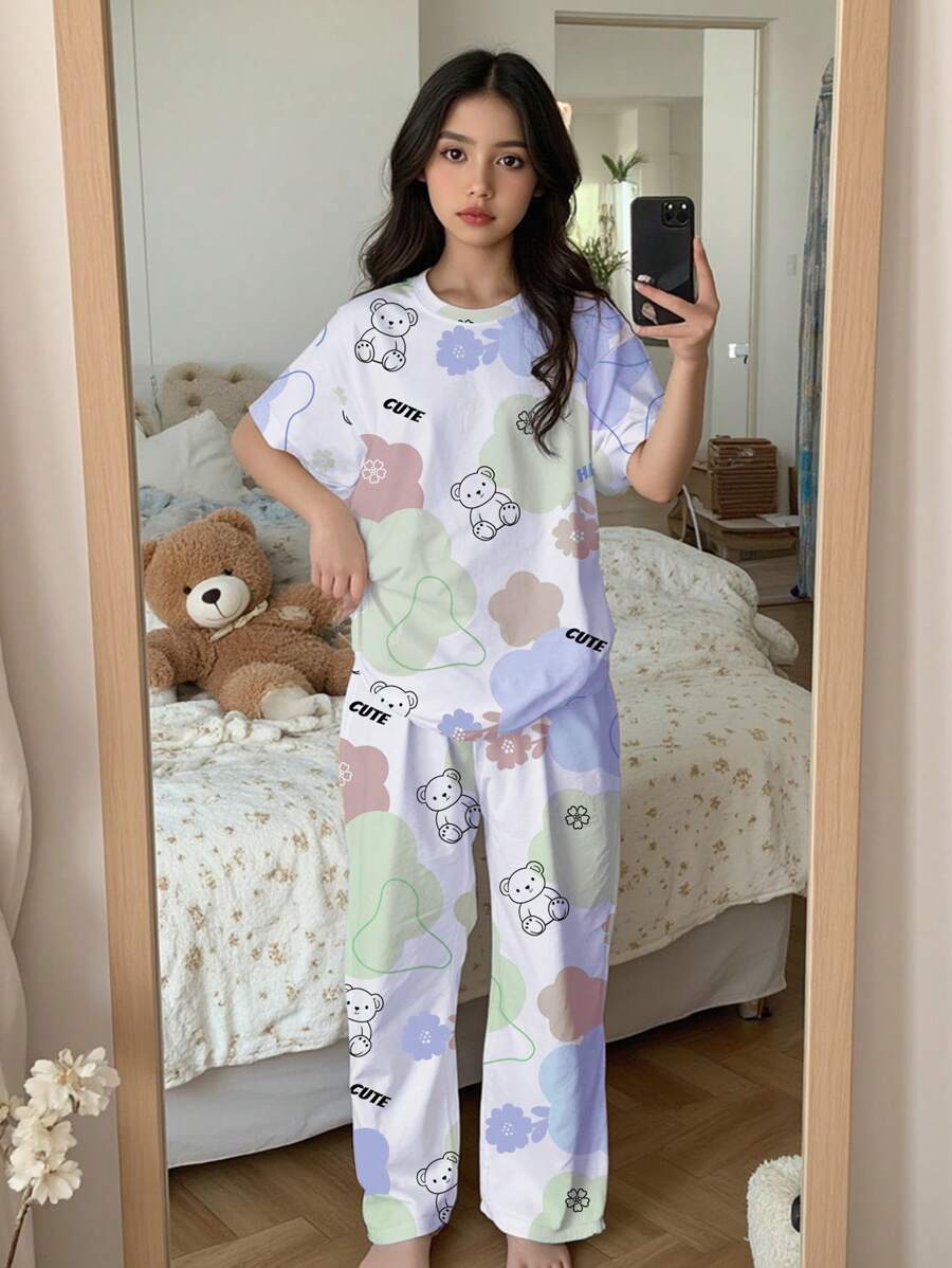 SHEIN 青少年女孩休闲简约圆领短袖长裤睡衣套装,适合夏季 - 彩色 - 查看 1