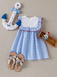 PrepCrw 女婴海军蓝度假风格子无袖连衣裙 - 藍白色 - 查看 2