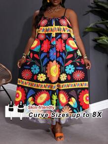 SHEIN CURVE+ 大码假日休闲全身花卉印花吊带裙夏季/乡村/海滩度假装/沙滩装/沙滩装