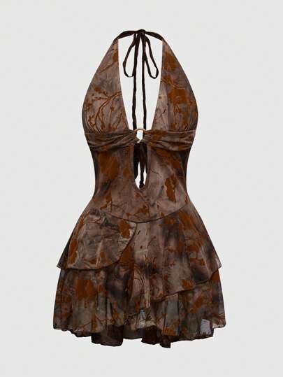 Fairycore Vestido mini con cuello en V profundo, espalda abierta, teñido anudado y estampado floral flocado de estilo hada, adecuado para vacaciones/temática natural