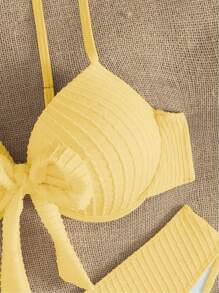 Swim Mod 2pcs Spring Break Women Solid Color Lace-Up Straps Textured Bowknot Bikini Set, Beach Swimsuit For Summer Beach Vacation