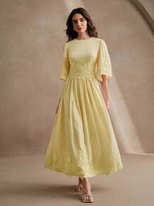 Anewsta New French Elegant Round Neck Patchwork Lace Ruffle 3/4 Sleeve Chiffon Slim Fit Midi Dress, Spring/Summer