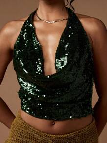 MISSGUIDED Festive Party Sequin Halter Neck Crop Top Holiday Evening Formal Dance Club Glamour Statement Backless Tie Cowl Neck Sparkle - Dark Green - View 4