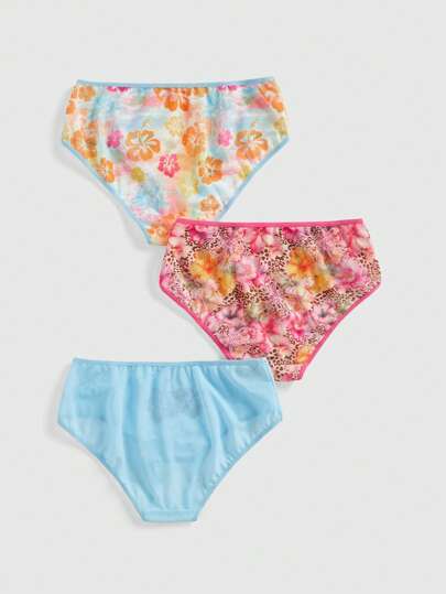 ROMWE Avant 3 Pack Women's Tropical Floral, Coconut Tree & Leopard Print Mesh Triangle Panties