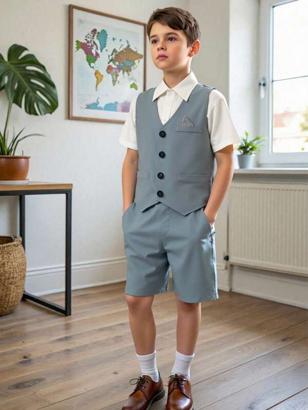 3-teiliges Jungen Frühling/Sommer Outfit Set: Weißes Lässig Hemd, Gentleman Stil Weste und Shorts, geeignet für Party, Bankett, Gastgeber, Tanz