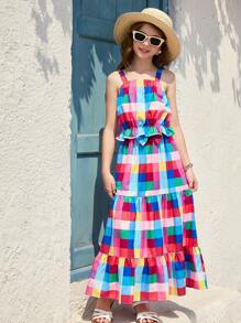 SHEIN Set de 2 piezas, Top corto con volantes de cuadros de colores y falda a juego decorada con lazo para vacaciones de niñas