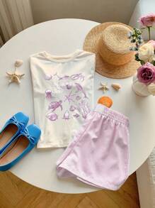 SHEIN EZwear 2pcs/Set Women Summer Casual Pink Print Short Sleeve T-Shirt & Striped Shorts