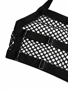 AltCore 3pcs/Set Plus Size Solid Color Hollow Out Sheer Halter Lingerie Set - Black - View 7