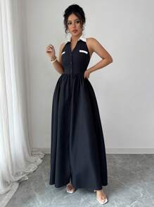 Elenzga Sleeveless Contrast Color Waist Elegant Romantic Women Halter Dress - Black and White - View 4