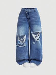 SHEIN MOD Plus Size Distressed Straight-Leg Blue Denim Jeans - Medium Wash - View 6