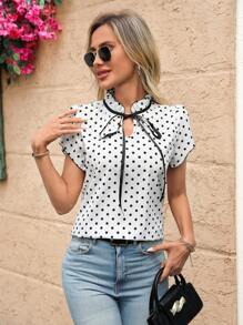 SHEIN Clasi Women's Polka Dot Print Ruffle Tie Detail Shirt - Black and White - View 4
