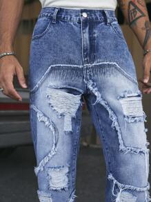 AXEPEAK Men's Casual Washed Distressed Straight Leg Jeans, Streetwear Style