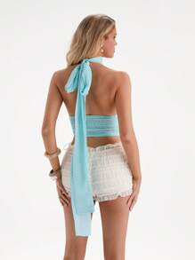 Glamine Top corto estilo k-pop con lunares y cuello de halter para mujer