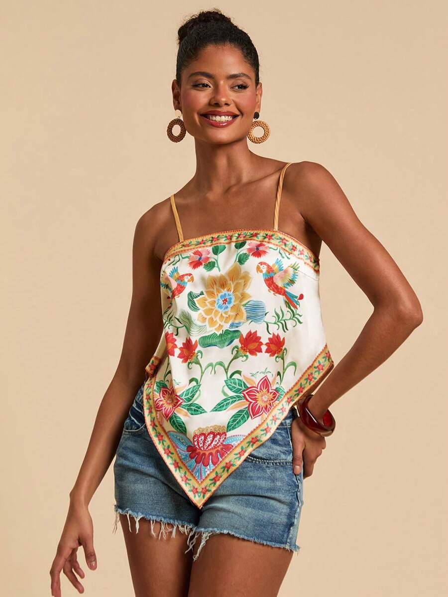 Travachic Camiseta asimétrica con estampado floral y de loro para mujer, ideal para verano, vacaciones, playa, primavera y verano, Pascua, vacaciones, playa para mujer, vacaciones de primavera, vacaciones de mujer, conciertos de mujer, BOHO, bohemia, festivales de música, ropa de mujer para vacaciones tropicales