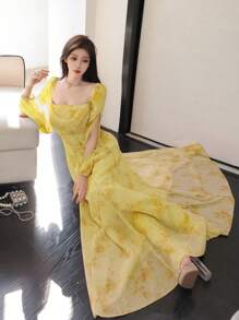 Modelyn Women's Chiffon Ditsy Floral Draped Neck Waisted Flared Hem Elegant Resort Dress Fall Cloth For Women - Yellow - View 6