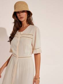 COSMINA Women's Solid Color Short Sleeve Round Neck Single-Breasted Casual Mid-Length Dress - Khaki - View 3