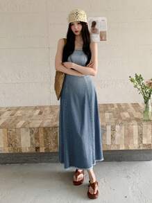 DAZY Women's Casual Fringe Strap Denim Overall Dress, Spring/Summer