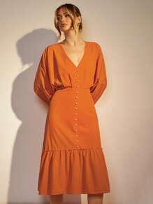 COSMINA Robe midi élégante monocolor à manches chauve-souris pour navetteurs pour femmes - Orange - Voir 4