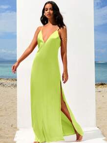 Opulessa 1pc Women's Elegant Solid Color Woven V-Neck Cami Maxi Dress - Green - View 4