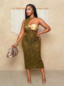 BamGleam 女士毛衣裙针织无袖墨绿色挂脖撕拉感半透长款紧身性感度假沙滩派对春夏女装 - 墨綠色 - 查看 3