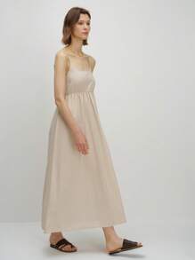 INAWLY Women's Solid Color Minimalist Linen-Look Long Dress, Brown - Brown - View 6