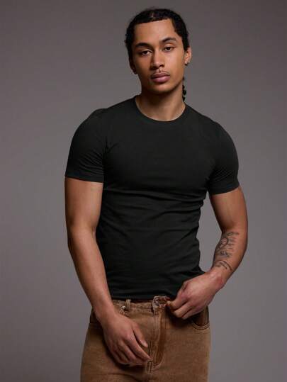 Musero Slim Fit anliegendes Kurzarm Basic Einfarbiges T-Shirt für Herbst und Winter Kapselgarderobe