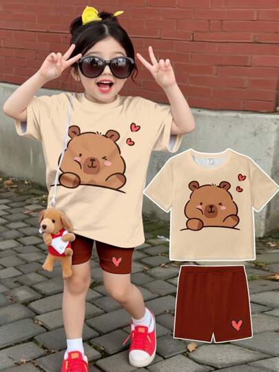 SHEIN Leap Crew Set de 2 piezas de camiseta de manga corta y pantalones cortos con estampado adorable de capibara y corazón, estilo minimalista y casual para niñas, para el verano