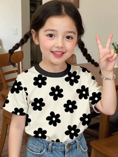 SHEIN Vintage Floral Print, Kids Graphic T-Shirts, Cute & Fresh Style, Young Girl Casual Minimalist Round Neck Short Sleeve T-Shirt, Suitable For Summer